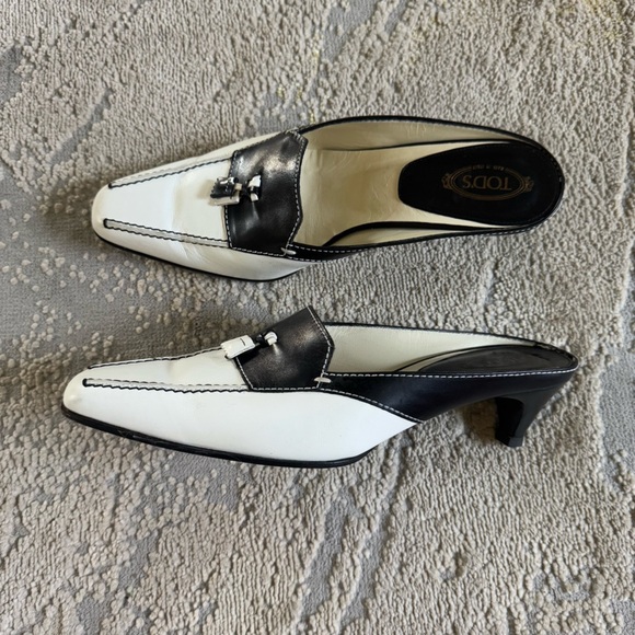 Tod’s kitten heal mules black white slide on leather slip on classic 9.5 - Picture 1 of 12